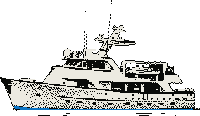 The Dragon Lady, a white steel motor yacht, seen side on with her bow to the left, her mast and whip aerials against the sky.