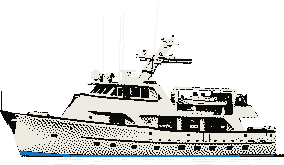 The Dragon Lady, a white steel motor yacht, seen side on with her bow to the left, her mast and whip aerials against the sky.