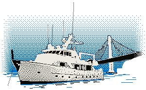 The Dragon Lady seen from off her bow, with a tower of the Bay Bridge and its cables behind her stern.
