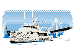 The Dragon Lady seen from off her bow, with a tower of the Bay Bridge and its cables behind her stern.