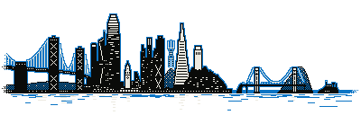 San Francisco seen across the bay, from left to right: the Bay Bridge, the Salesforce Tower, the Ferry Building, Sutro Tower, the Transamerica Pyramid, Coit Tower on Telegraph Hill, the Golden Gate Bridge and Alcatraz.